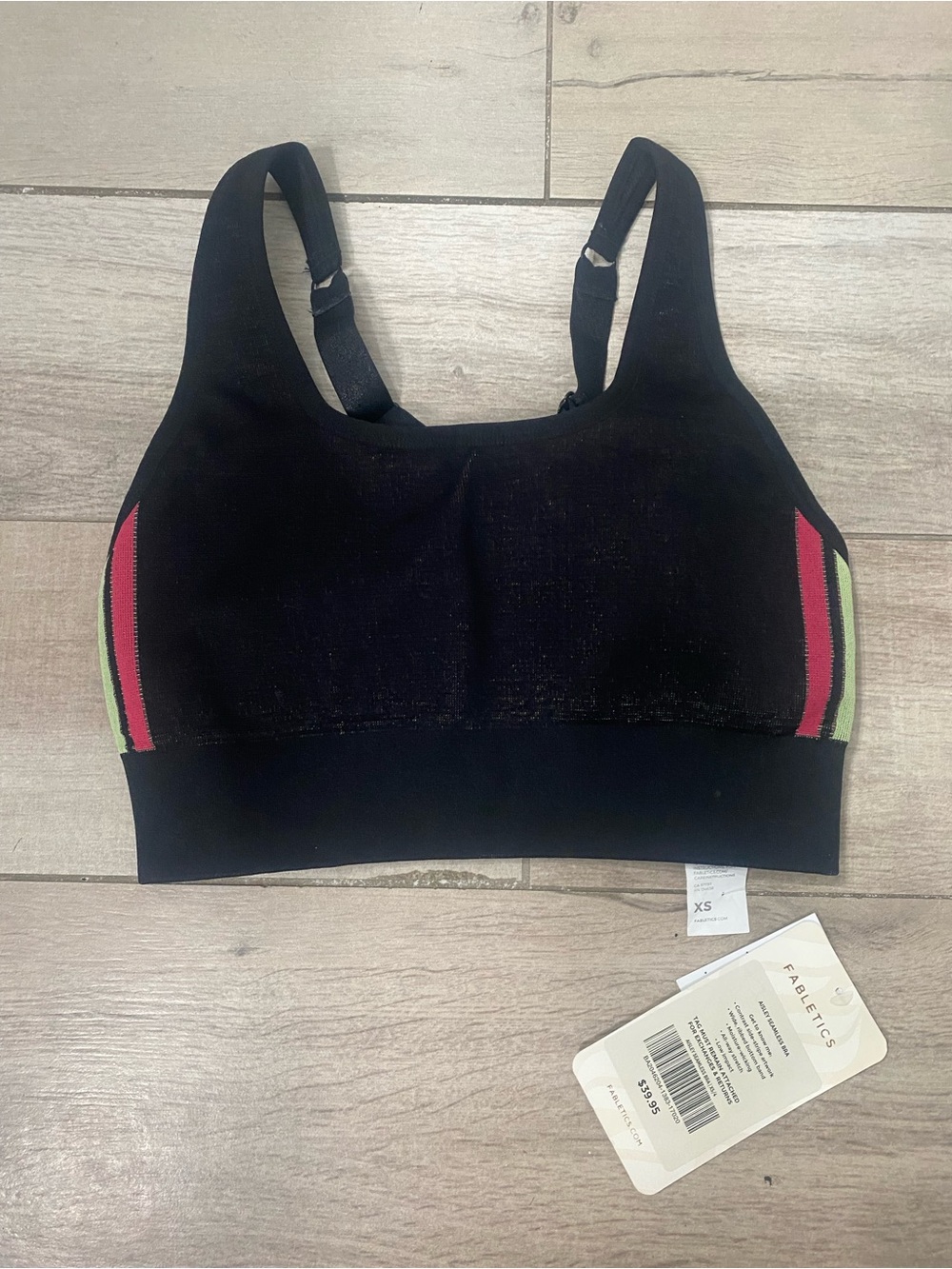 Fabletics Black Tank-Style Sports Bra with Pink & Lime Side Stripes